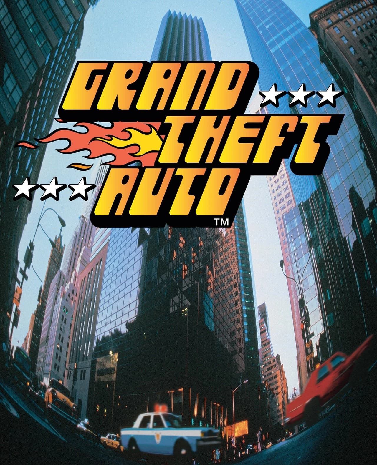 The original Grand Theft Auto box front: a flaming yellow-and-red wordmark over a fisheye photograph of a city street with a police car.