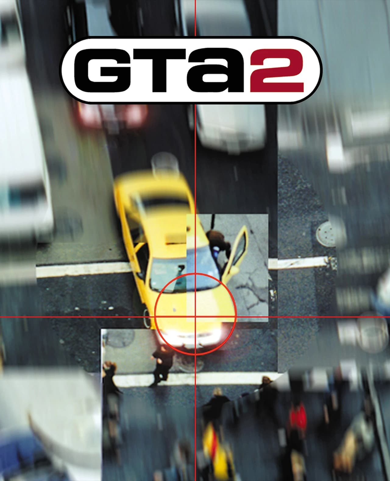 Grand Theft Auto 2 box front: a surveillance-style overhead photograph of a yellow car at a crossing, crosshairs over it, the GTA2 wordmark above.