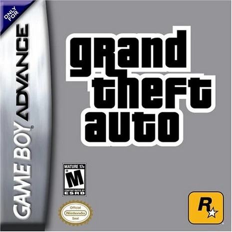 Grand Theft Auto Advance box art: the Game Boy Advance cartridge box, silver-bordered, with the Grand Theft Auto wordmark on grey.