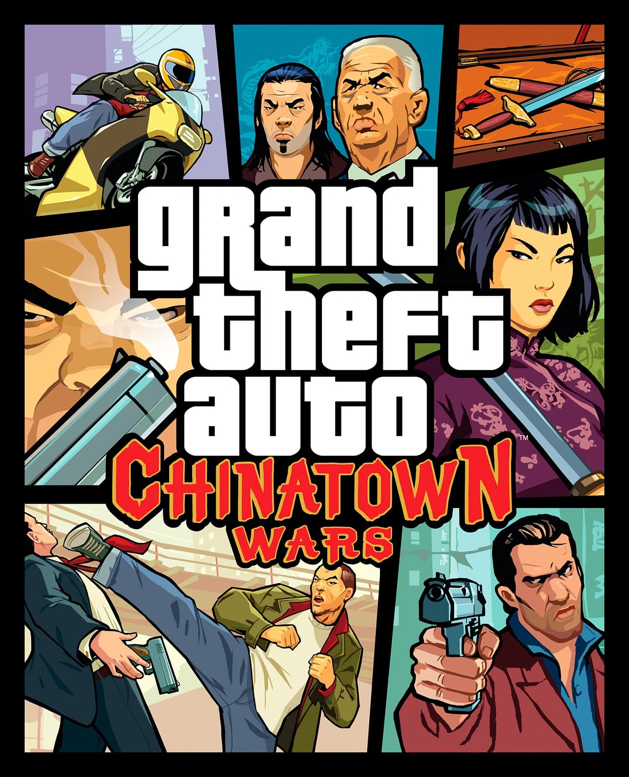 Grand Theft Auto: Chinatown Wars box front: cel-shaded panels of Huang Lee, a scooter rider and a drawn sword, under a red Chinatown Wars wordmark.