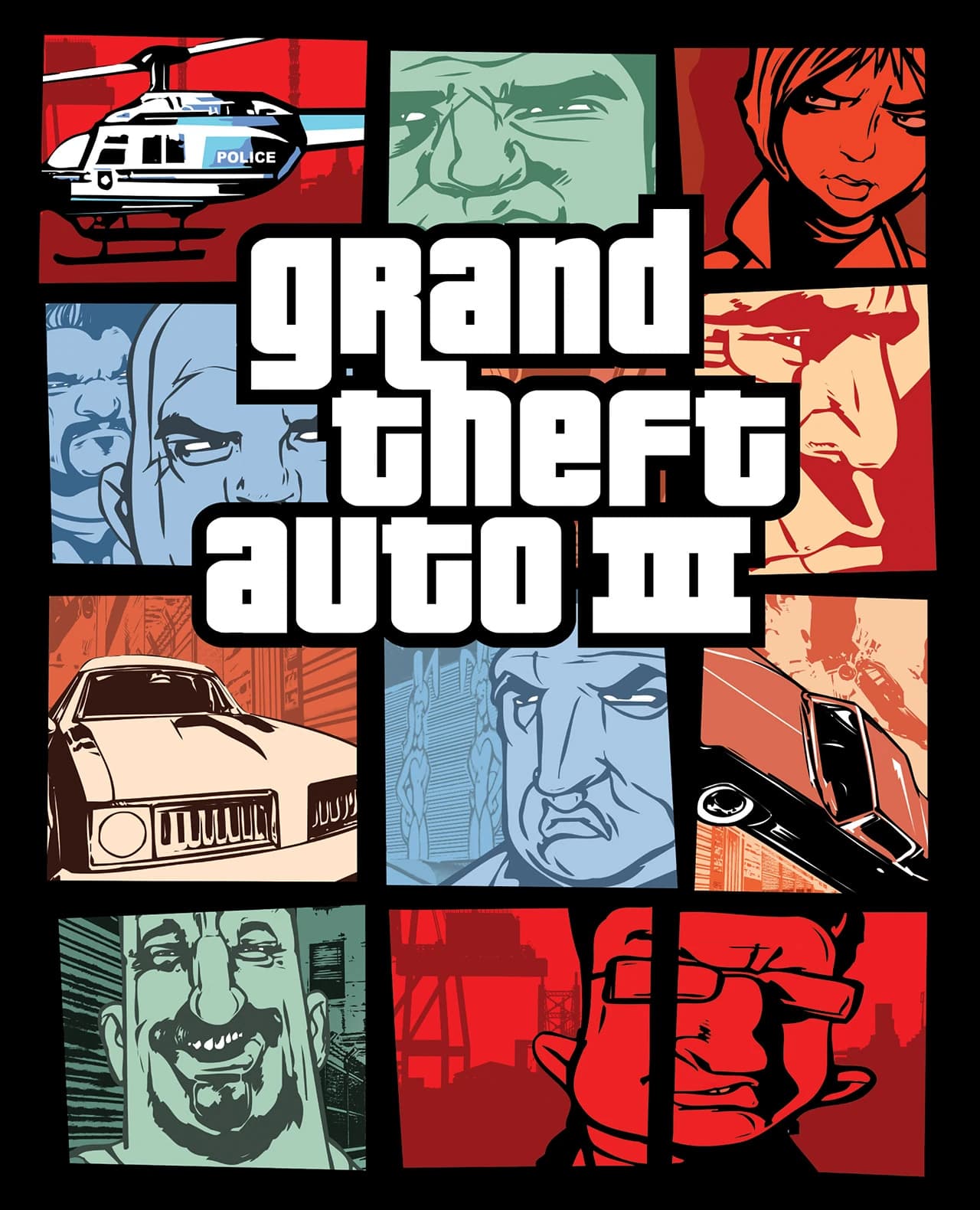 Grand Theft Auto III box art: a grid of stylised panels in red, green and blue — a police helicopter, a muscle car, and the faces of Liberty City.