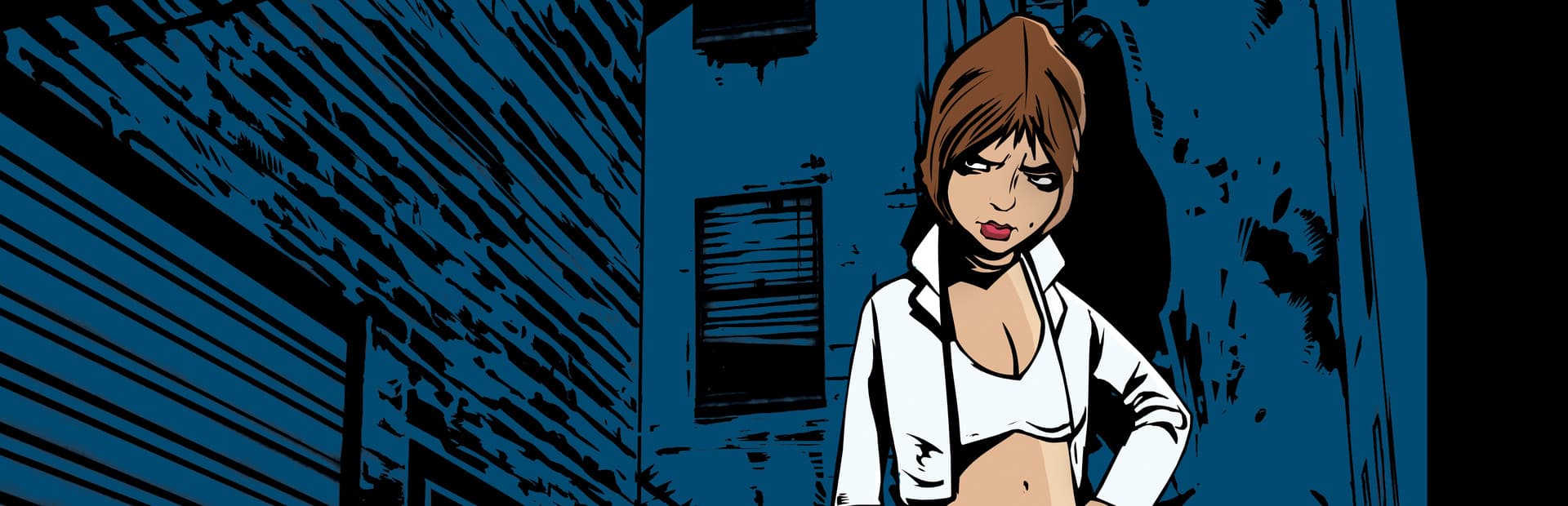 Misty in a white shirt, standing in a blue-black Liberty City alleyway.