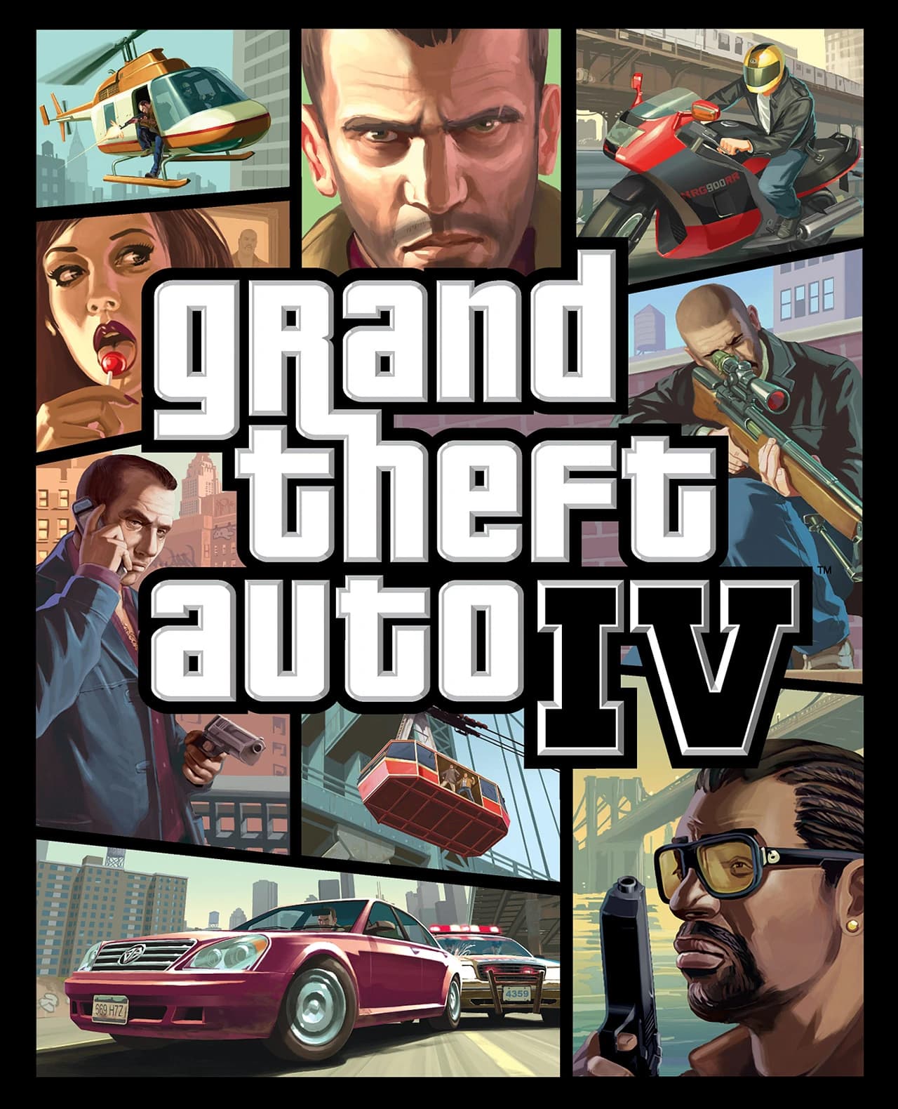Grand Theft Auto IV box art: a grid of painted panels — Niko Bellic scowling, a helicopter over Algonquin, a sniper on a rooftop and a police chase — under the GTA IV logotype.