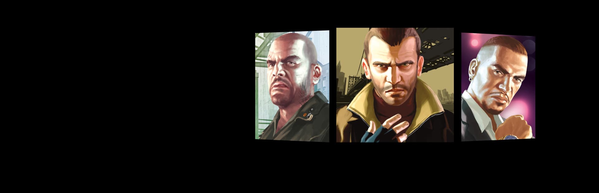 Painted portraits of Johnny Klebitz, Niko Bellic and Luis Lopez, mounted as three panels against black.