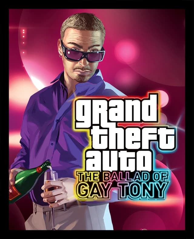 Grand Theft Auto: The Ballad of Gay Tony box front: Luis Lopez in sunglasses pouring champagne under magenta club lighting.