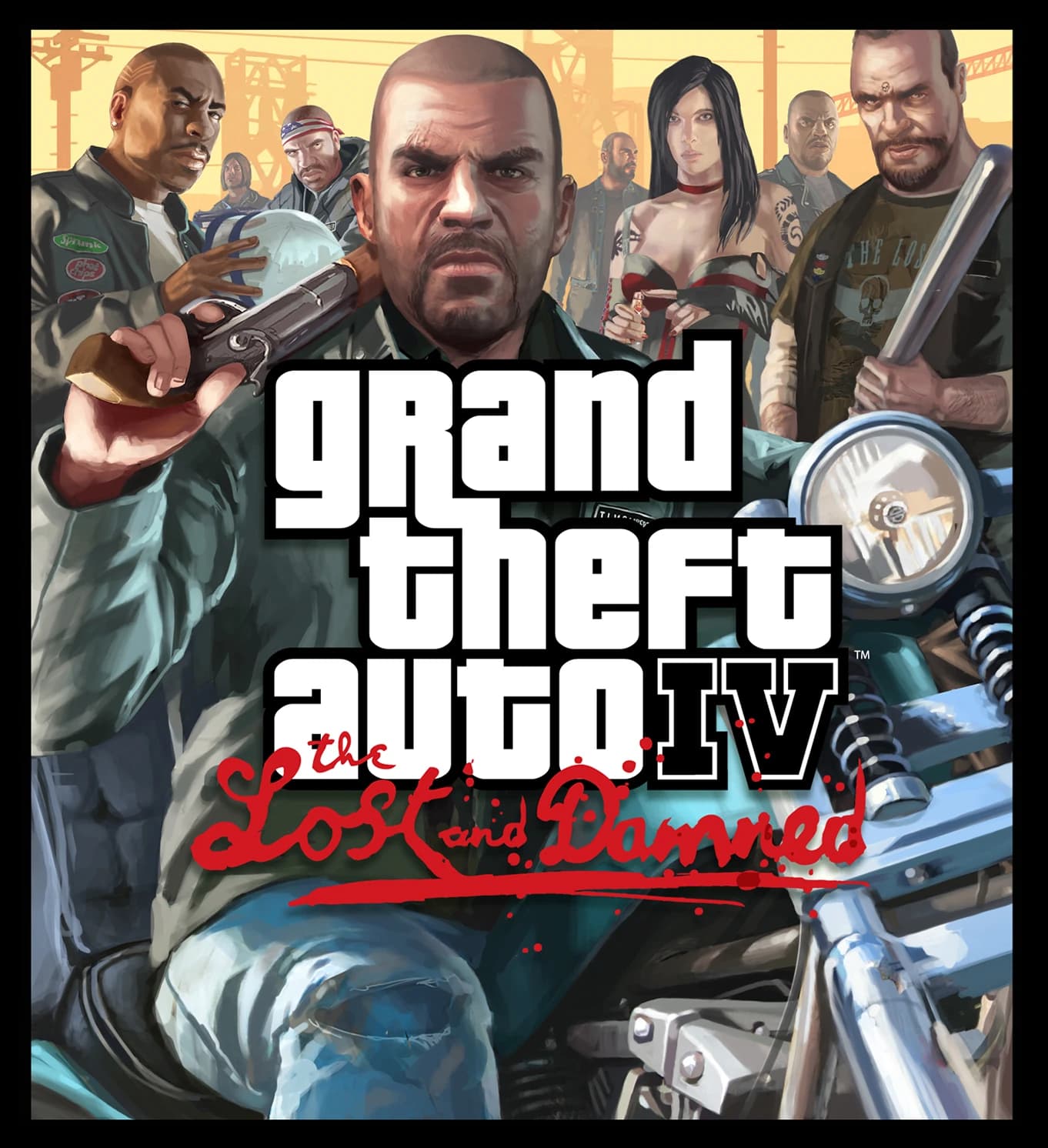 Grand Theft Auto IV: The Lost and Damned box art: Johnny Klebitz seated on a motorcycle, the Lost MC gathered behind him under an elevated railway, the title in red script.
