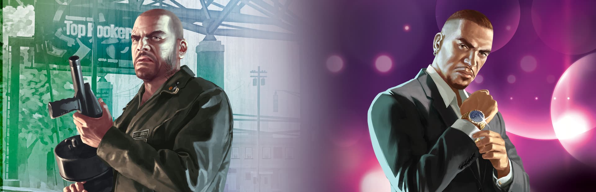 Johnny Klebitz holding a shotgun in green-tinted Liberty City on the left, Luis Lopez checking a gold watch in magenta nightclub light on the right.