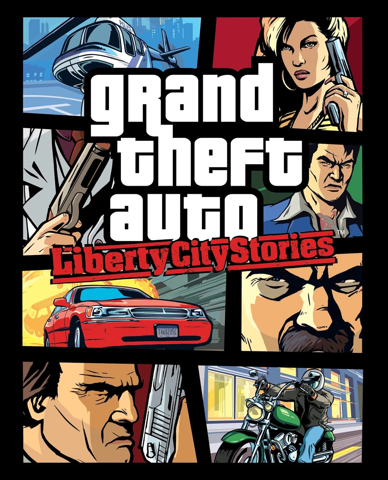 Grand Theft Auto: Liberty City Stories box front: comic panels of Toni Cipriani, a woman on a phone, a red sports car and a motorcycle.