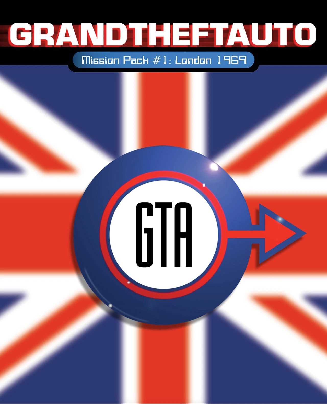 Grand Theft Auto: London 1969 box front: a mod target roundel reading GTA over a Union Jack, captioned Mission Pack #1.