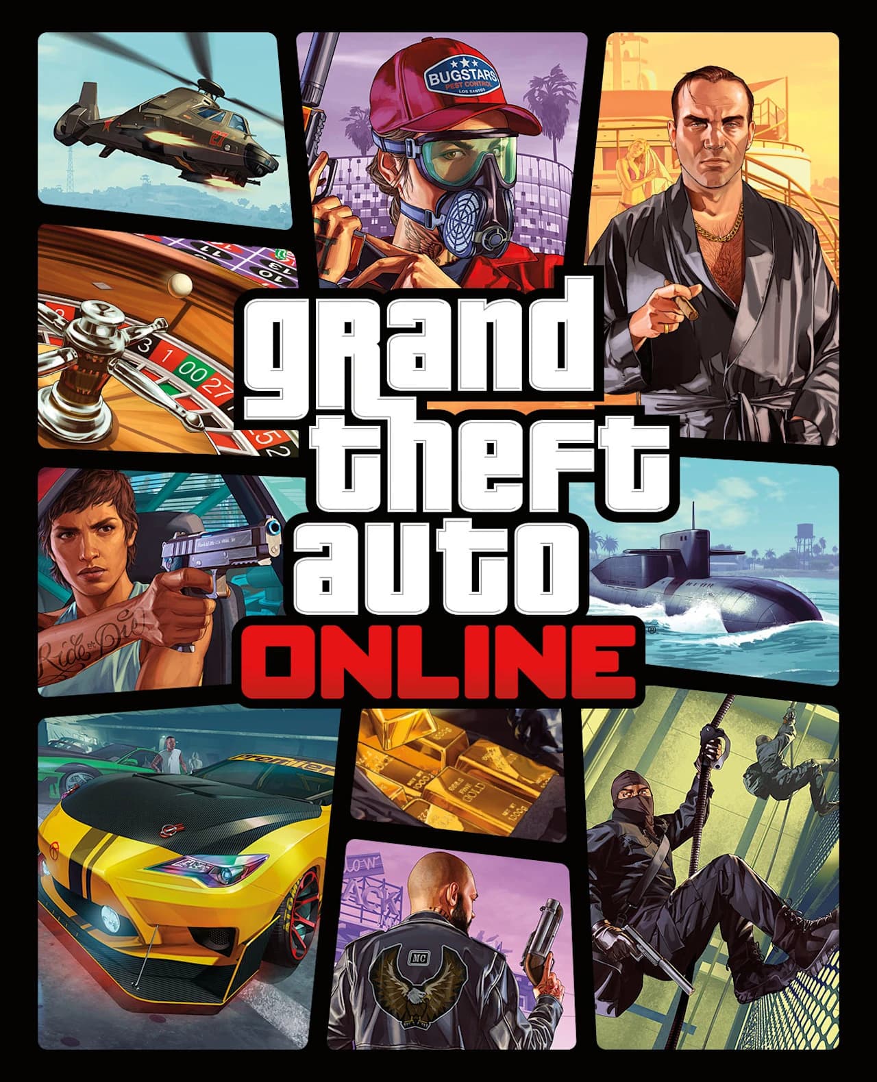 Grand Theft Auto Online box art: painted panels of a roulette wheel, a gas-masked gunman, a submarine, gold bullion and a robed Vincent Effenburger, around the Online wordmark in red.