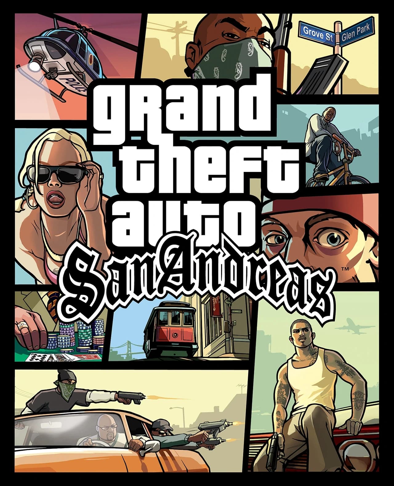 Grand Theft Auto: San Andreas box art: panels of CJ in a white vest, a bandana-masked gang member, a Grove Street sign and a drive-by, under the San Andreas gothic script.