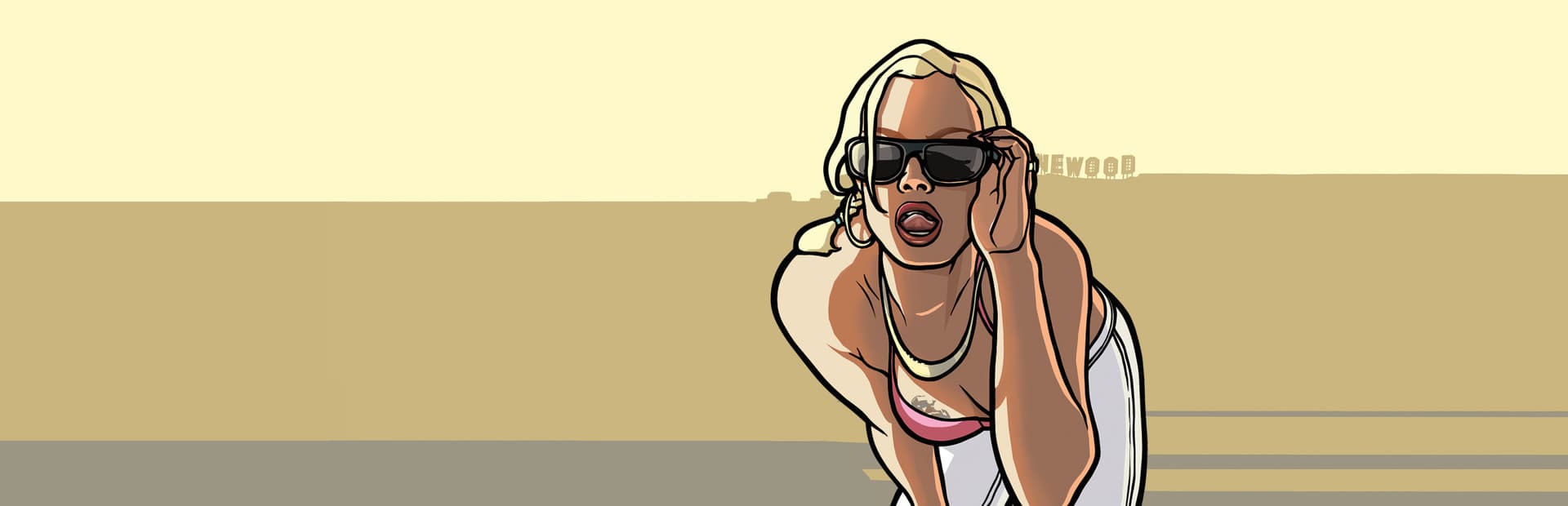 A woman lowering her sunglasses against a flat sand-and-cream field, the Vinewood sign faint on the horizon.