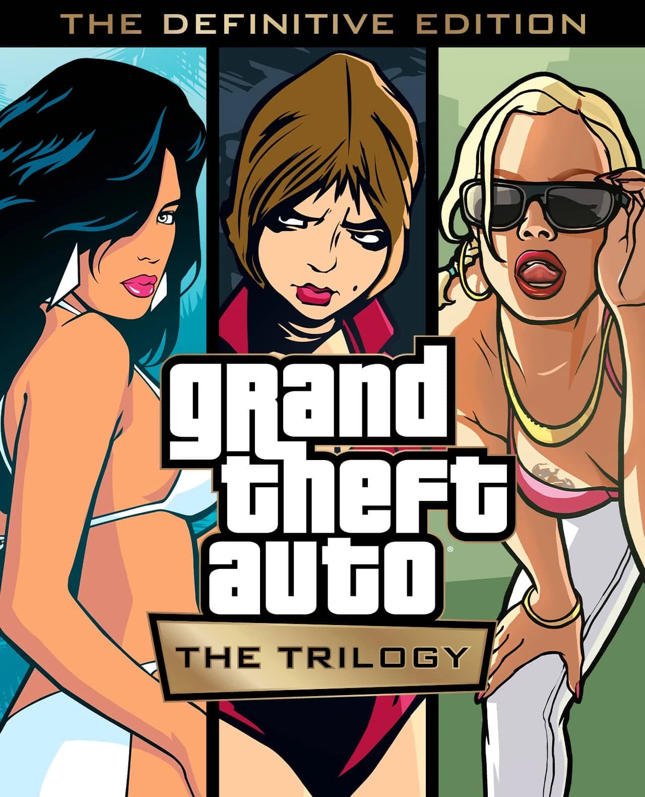 Grand Theft Auto: The Trilogy — The Definitive Edition box front: three illustrated women representing Liberty City, Vice City and San Andreas.