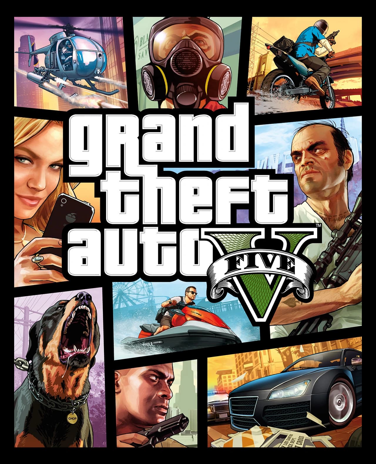 Grand Theft Auto V box art: panels of a woman photographing herself, Trevor with a rifle, Chop the rottweiler and a jet ski, around the green V crest.