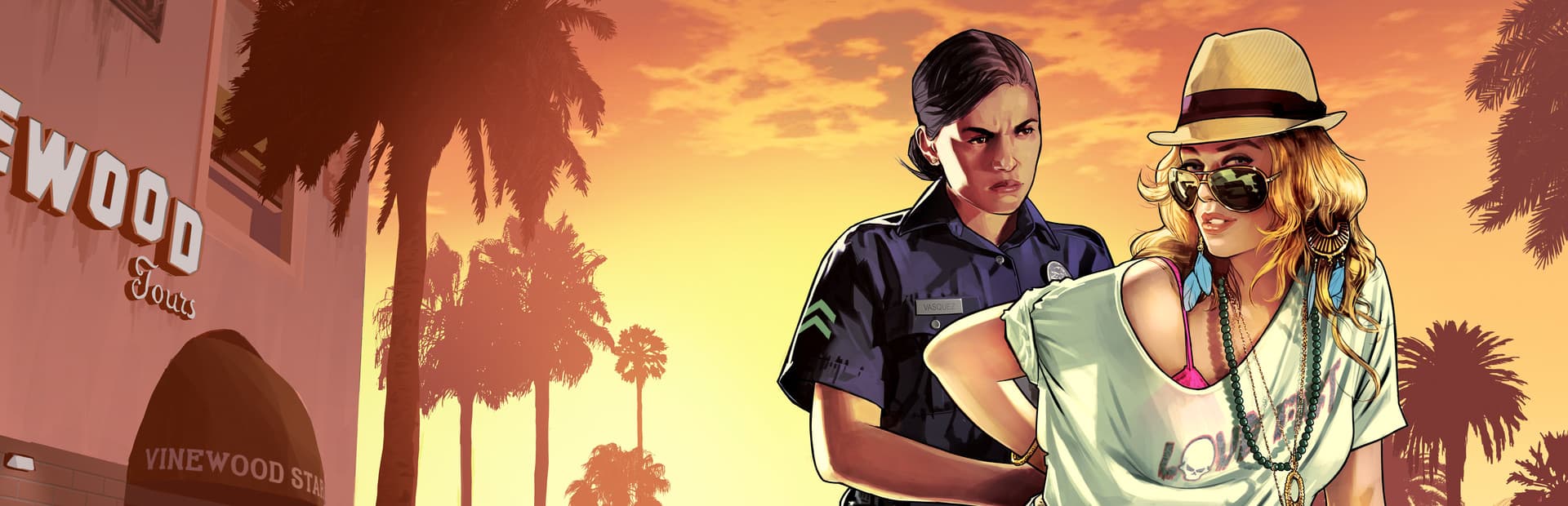 A police officer arresting a woman in a straw hat outside Vinewood Tours, palm trees against an orange sunset.