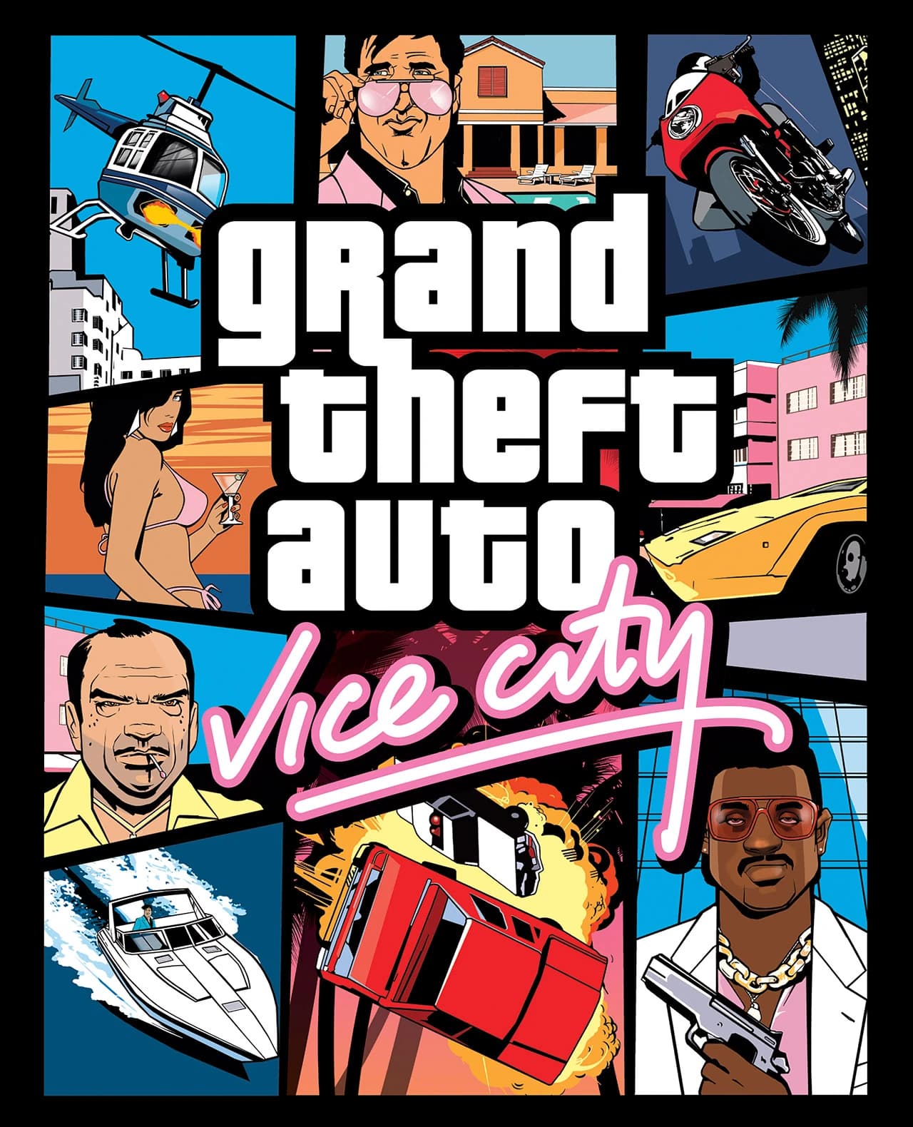 Grand Theft Auto: Vice City box art: pastel panels of a pink-suited Tommy Vercetti, a helicopter, a speedboat and a burning car, under the neon Vice City script.