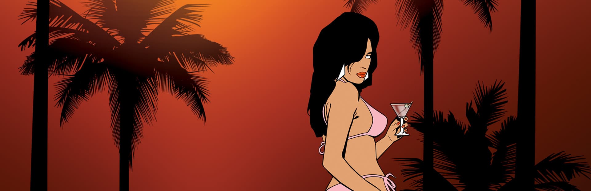 A woman in a pink bikini holding a cocktail, silhouetted palm trees against an orange Vice City sunset.