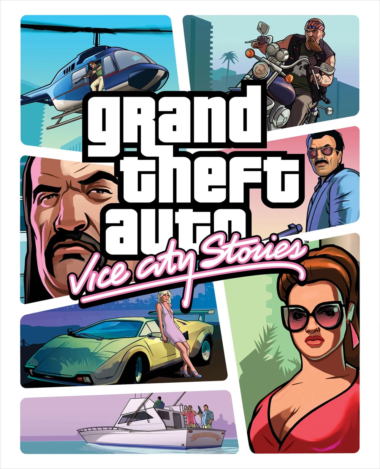 Grand Theft Auto: Vice City Stories box front: pink-and-teal panels of Victor Vance, a helicopter, a yellow sports car and a yacht.