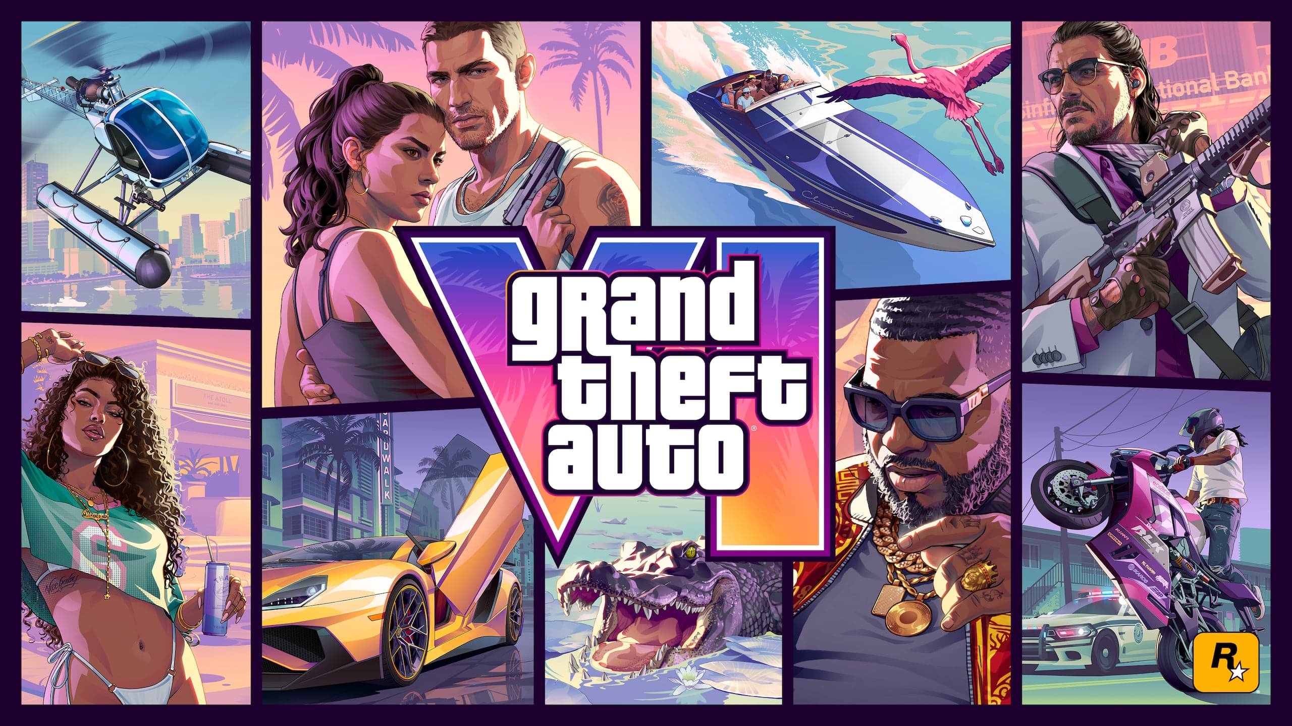 The Grand Theft Auto VI cover art: nine illustrated panels around the VI logo, showing Lucia and Jason, a speedboat and flamingo, a seaplane, an alligator, a sports car and figures from the cast.