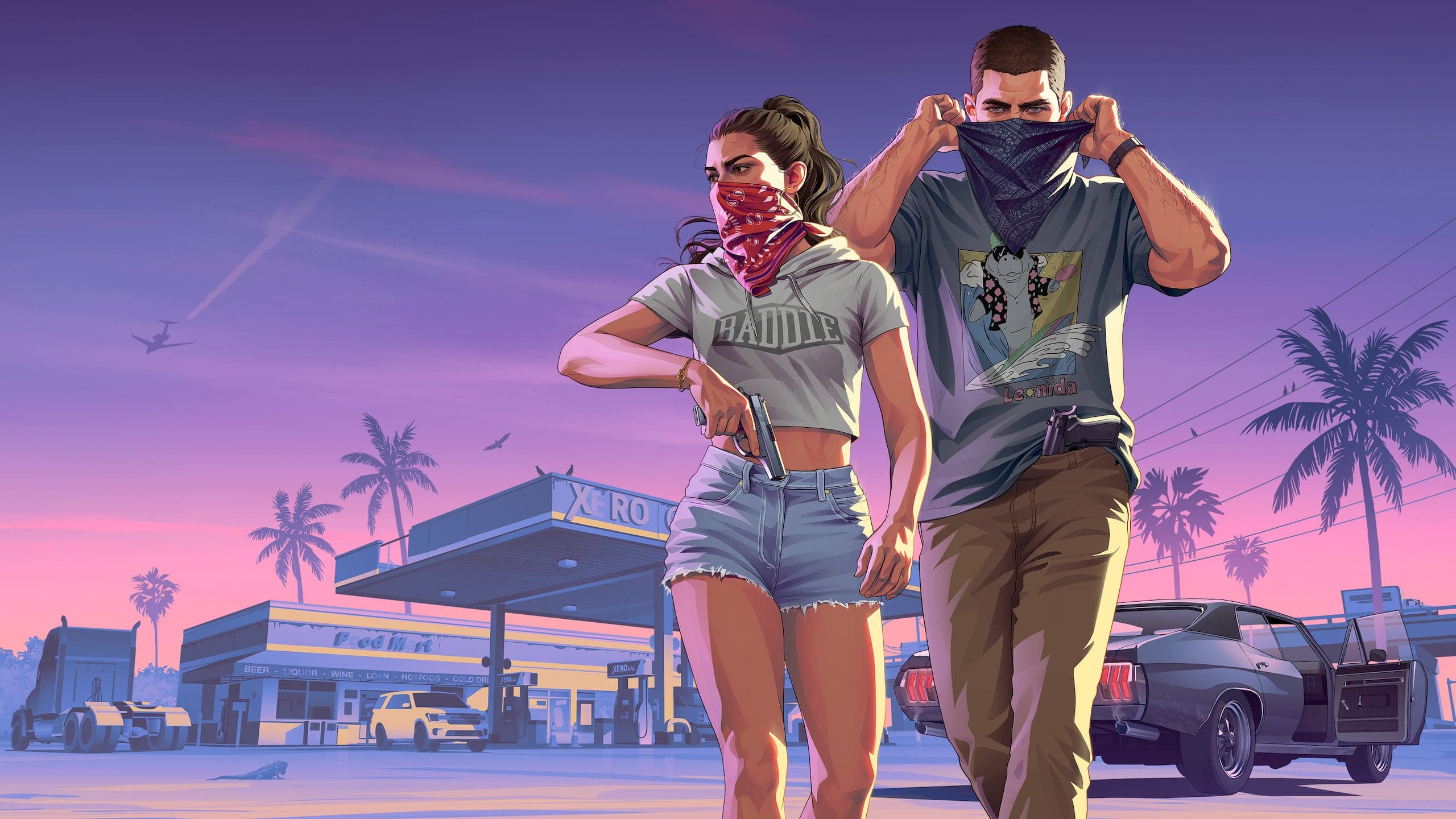 Illustrated key art of Lucia and Jason pulling bandanas over their faces outside a filling station at dusk, a pistol in her hand and a muscle car waiting behind them.