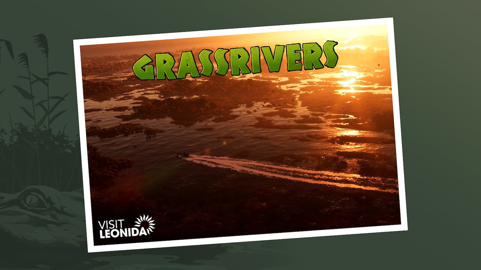 A Visit Leonida postcard captioned Grassrivers, showing sawgrass wetland at sunset with an airboat cutting a wake across the shallows.