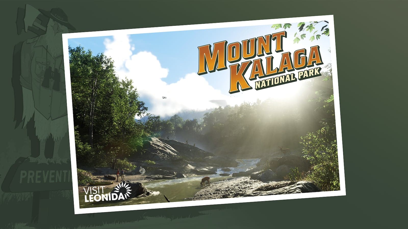 A Visit Leonida postcard captioned Mount Kalaga National Park, showing a sunlit river gorge with deer at the water and hikers on the rocks.