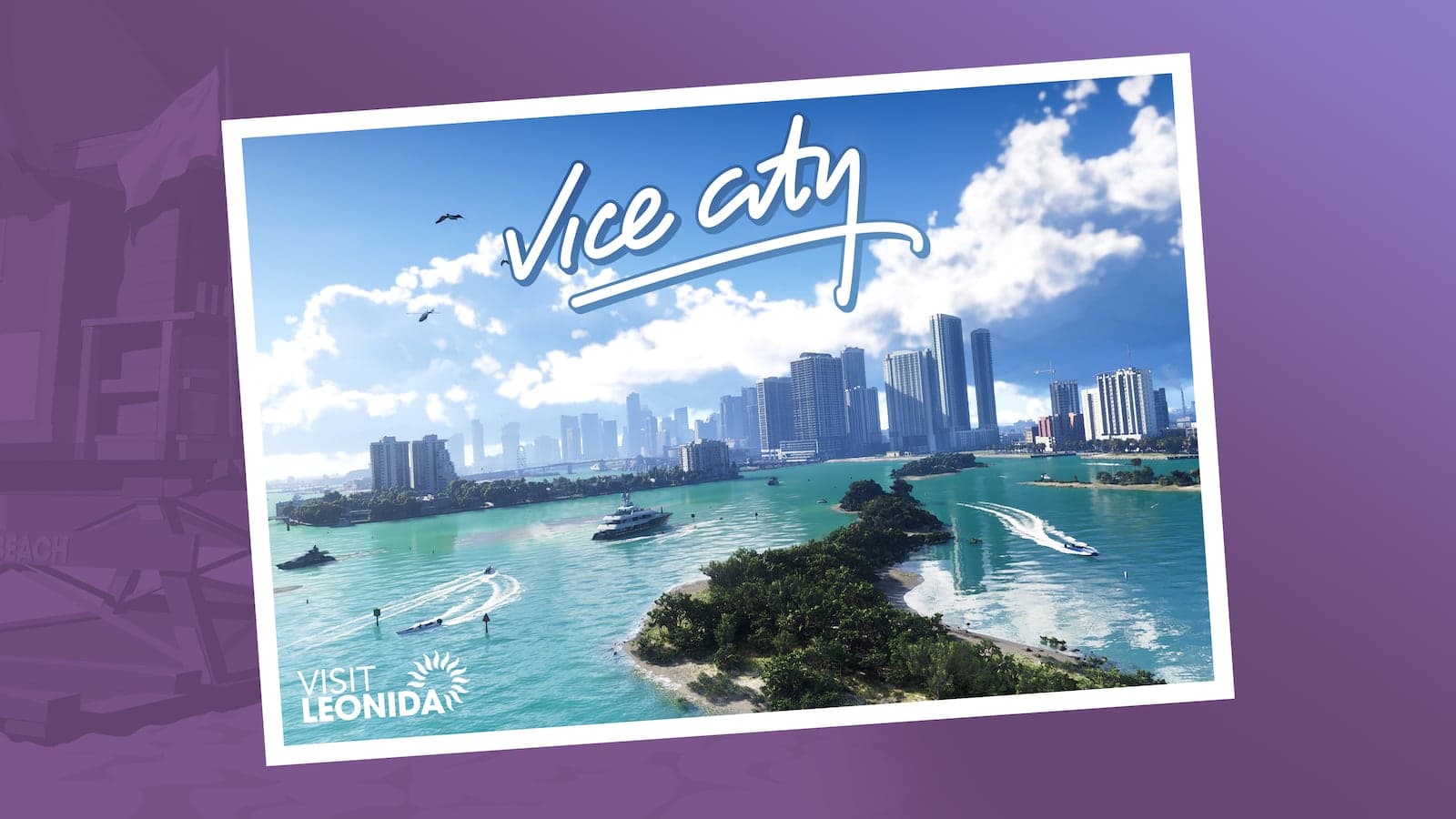 A Visit Leonida postcard captioned Vice City, showing the downtown skyline across turquoise water with boats and a wooded island in the foreground.