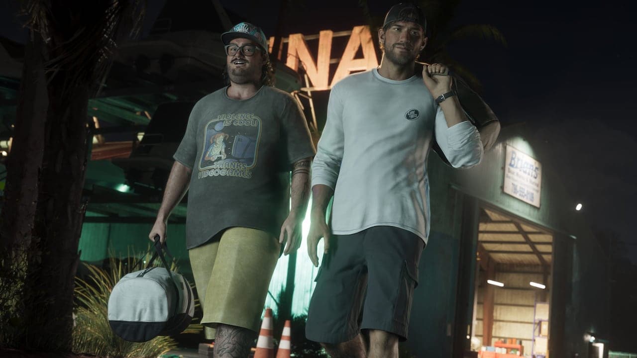 Cal walking away from a marina at night carrying a holdall, another man beside him.