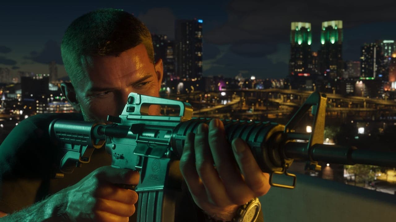 Jason sighting down a rifle from a rooftop at night, the lit Vice City skyline stretching out behind him.