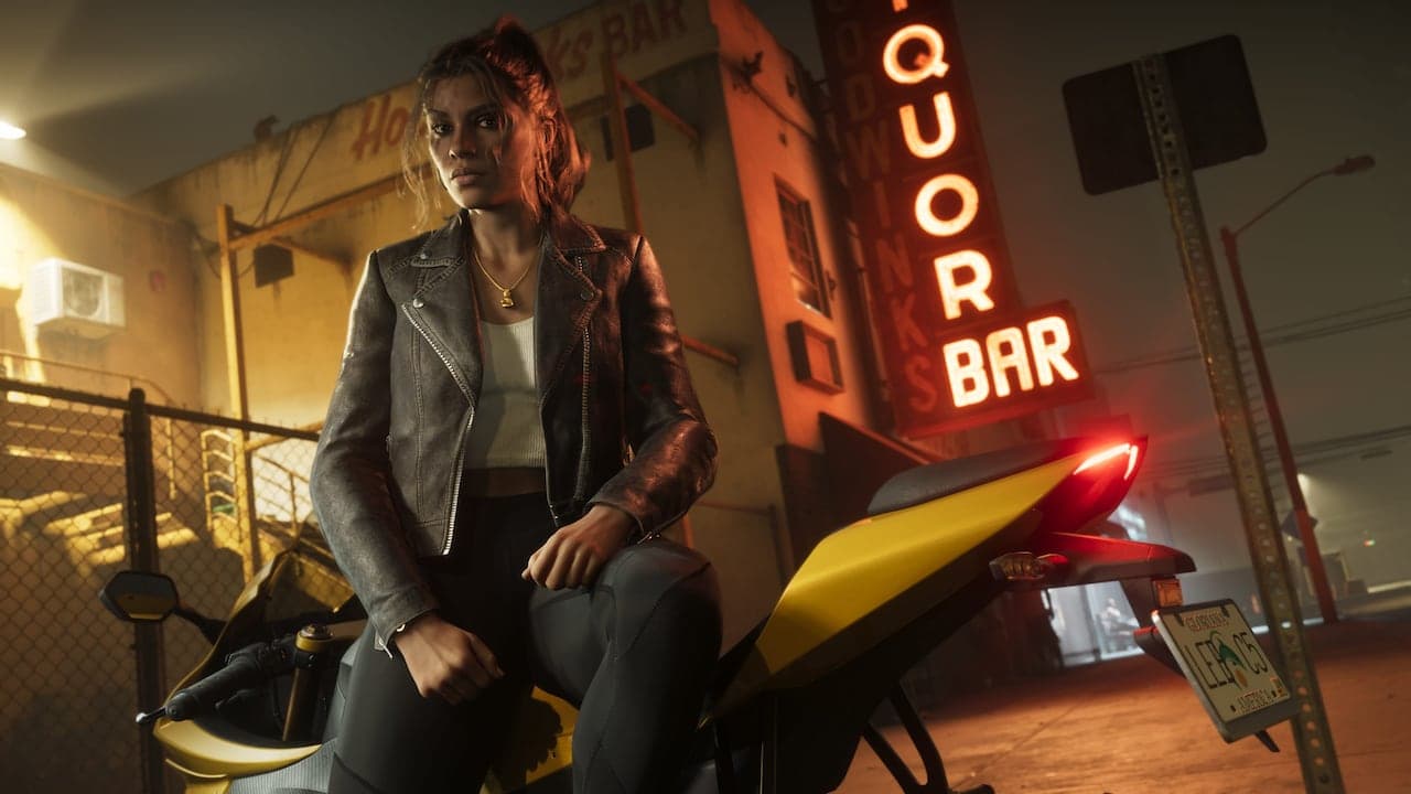 Lucia sitting on a yellow motorcycle outside a liquor bar at night, in a leather jacket under the neon sign.