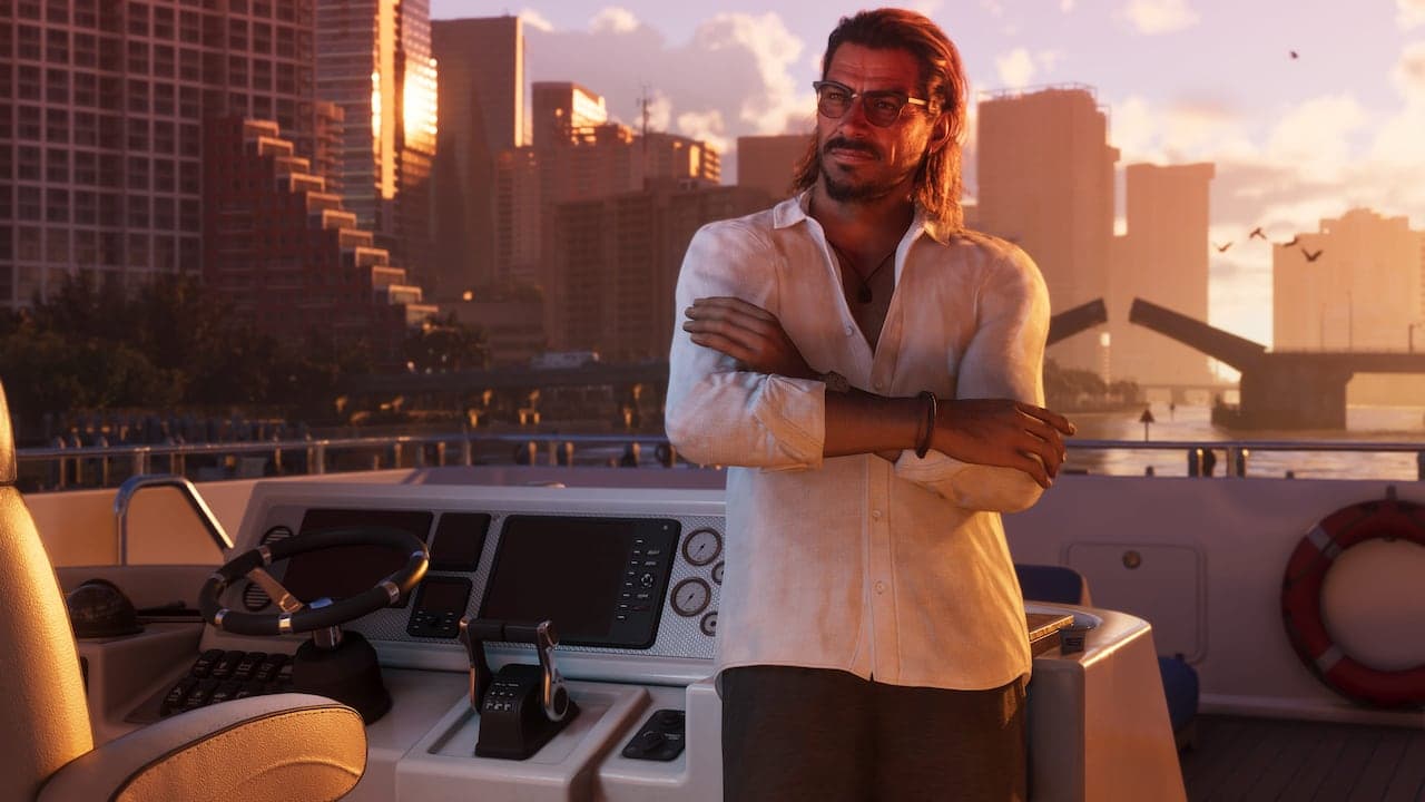 Raul standing at the helm of a motor yacht with his arms folded, the Vice City waterfront lit behind him at sunset.