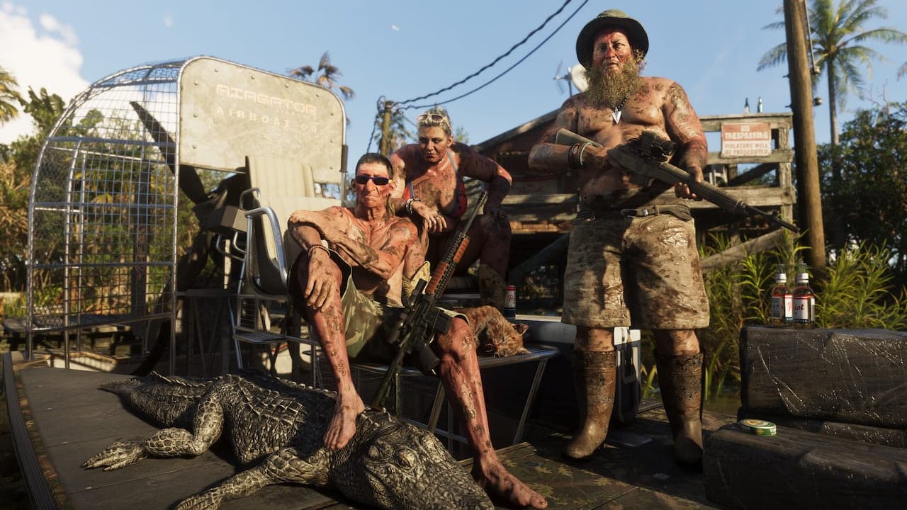 Three armed figures on a Grassrivers dock beside a beached alligator, an airboat and swamp shacks behind them.