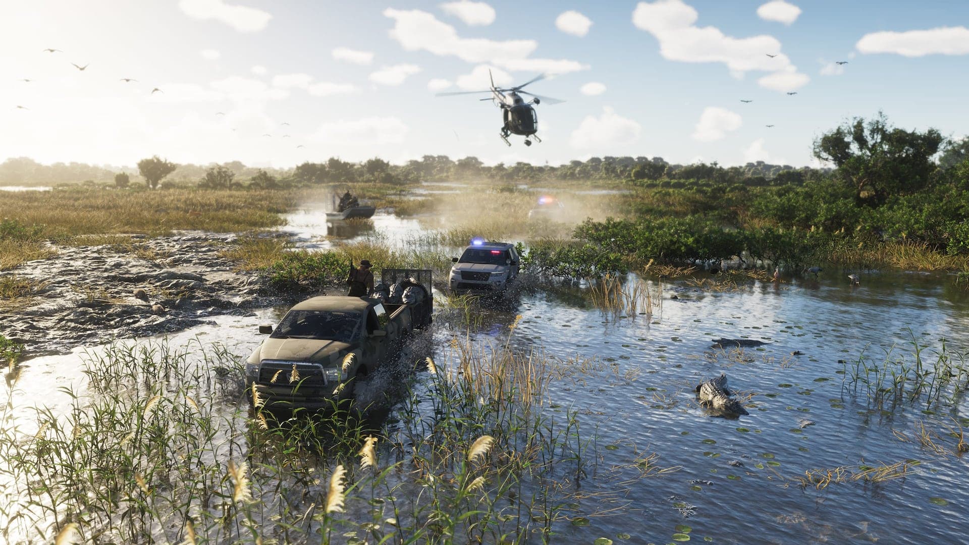 Open sawgrass wetland in the Grassrivers under a wide sky, alligators in the shallow water and a pickup running ahead of a police car, with an airboat and a helicopter behind.