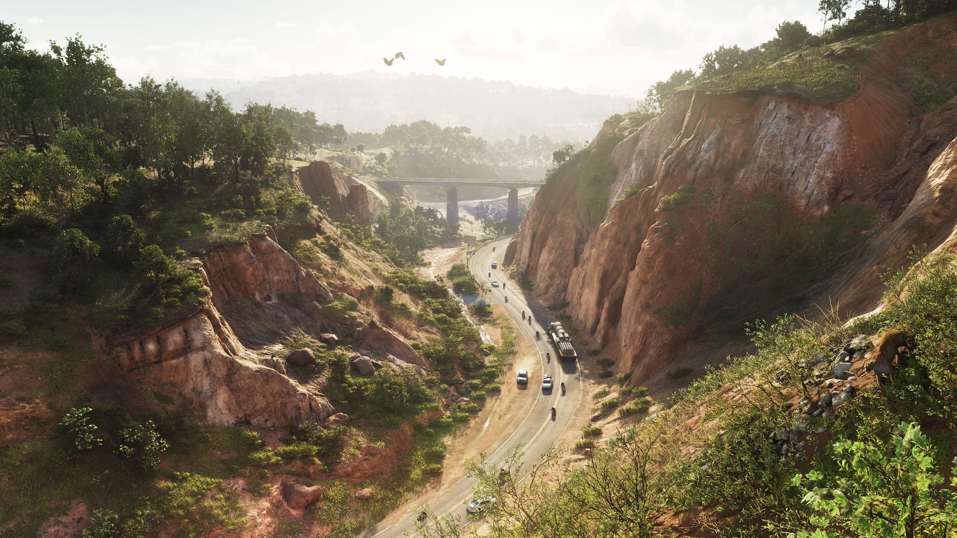 A road winding through a wooded gorge in Mount Kalaga National Park, red rock walls on both sides and a bridge crossing high above it.