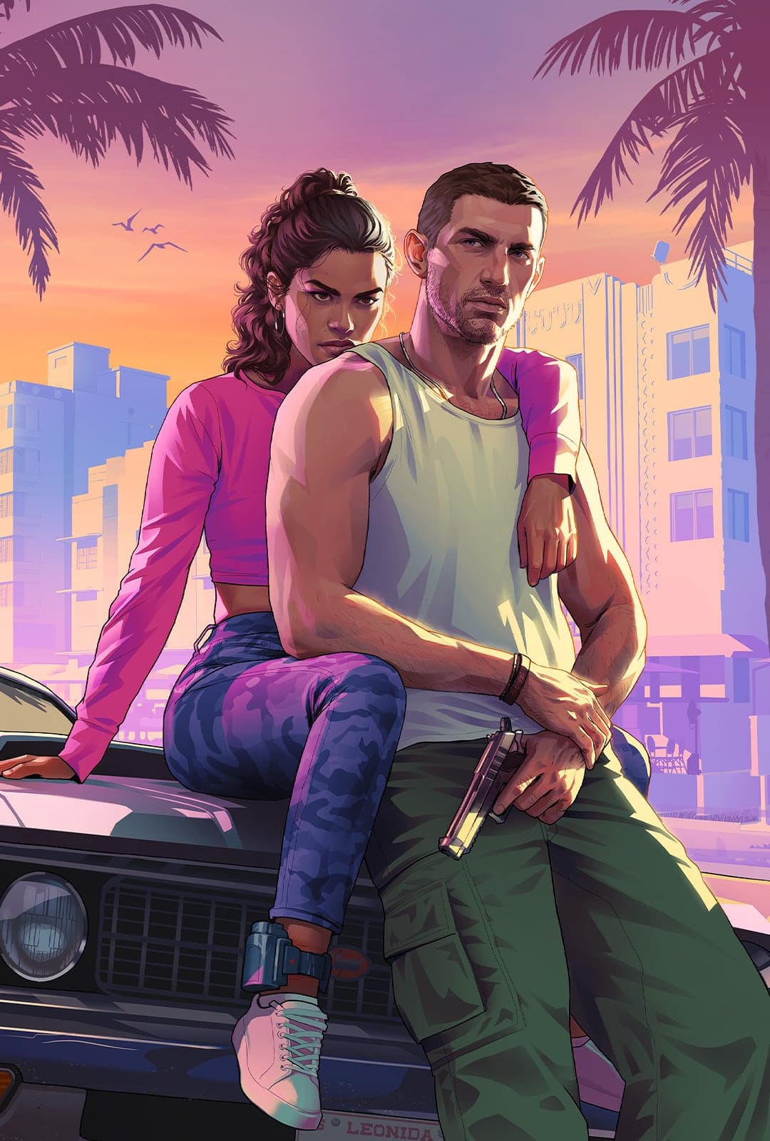 Trailer 1 key art: Lucia sitting on the bonnet of a car with Jason standing beside her at sunset, palm trees and Vice City buildings behind.