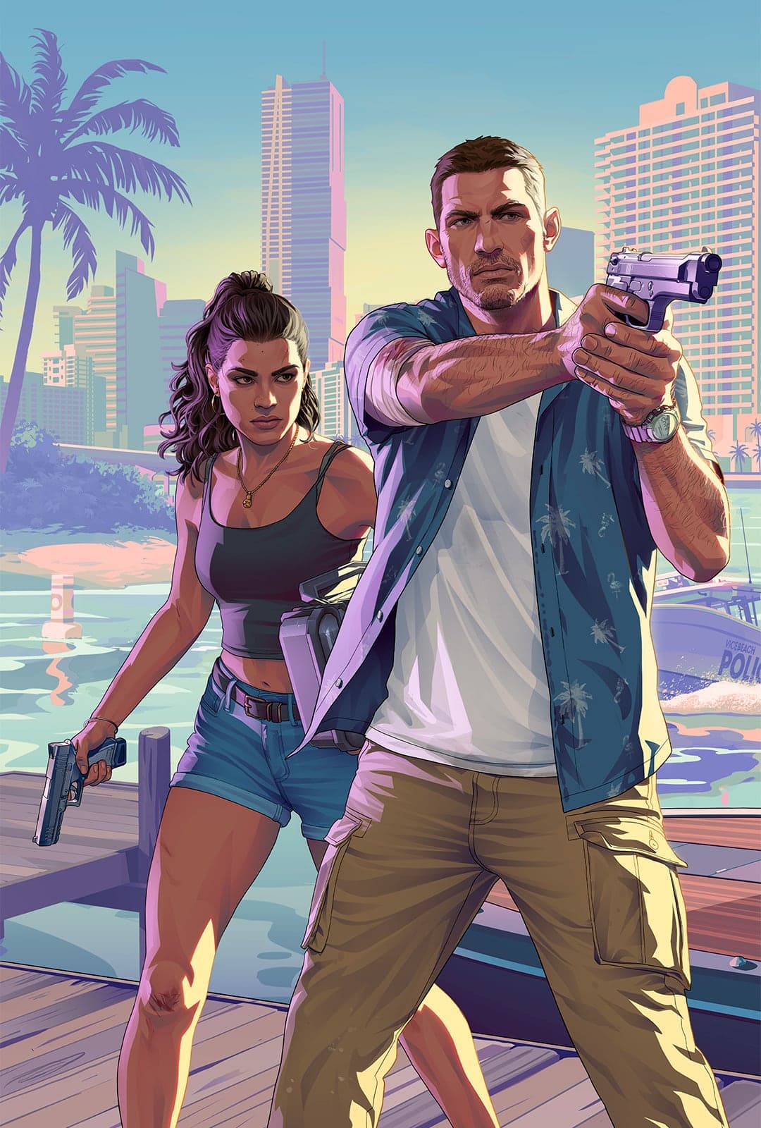 Trailer 2 key art: Lucia and Jason on a jetty, Jason aiming a pistol, the Vice City skyline behind them.