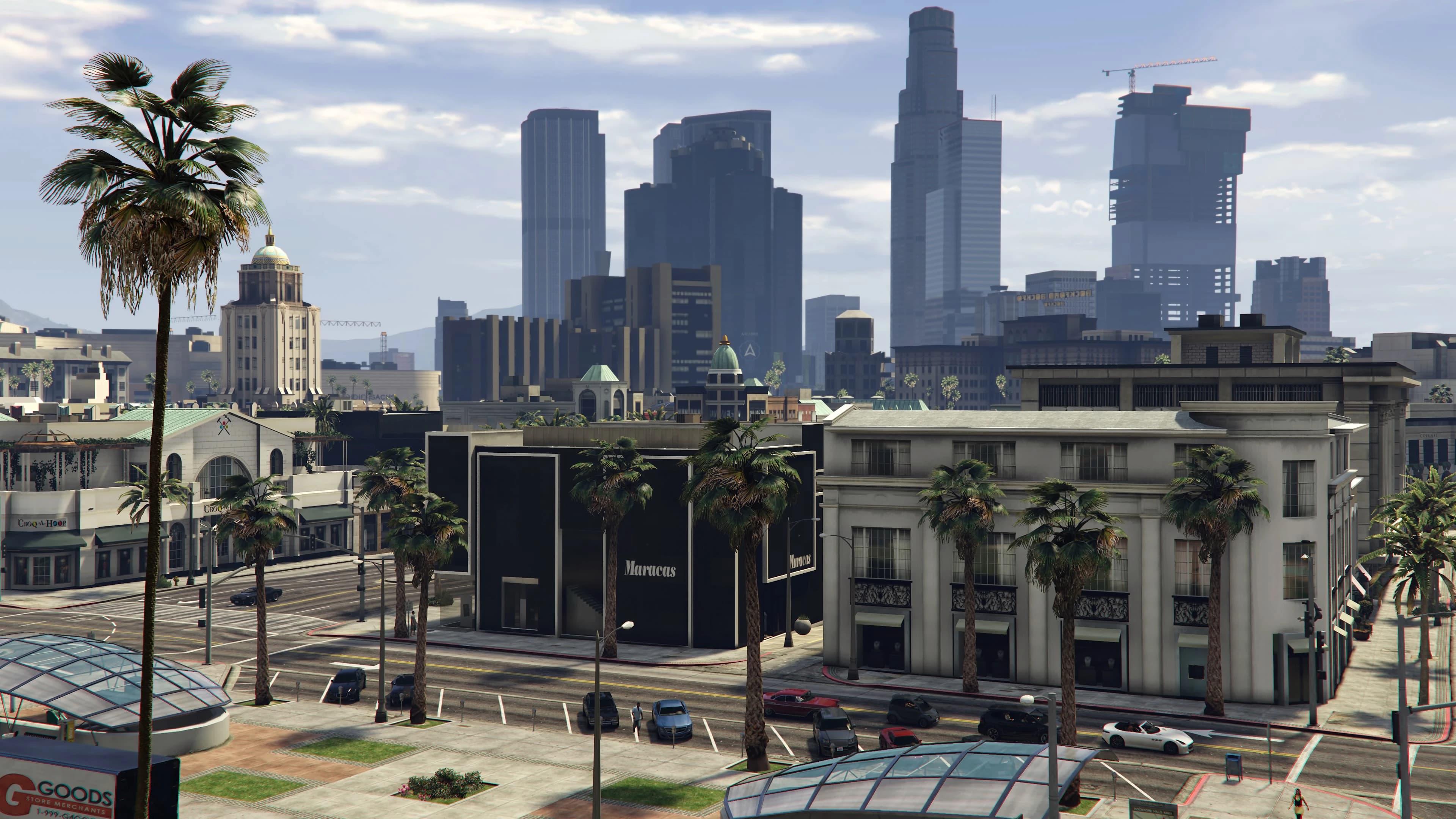 Rockford Hills, palm-lined boulevards and designer frontages with the downtown towers behind.