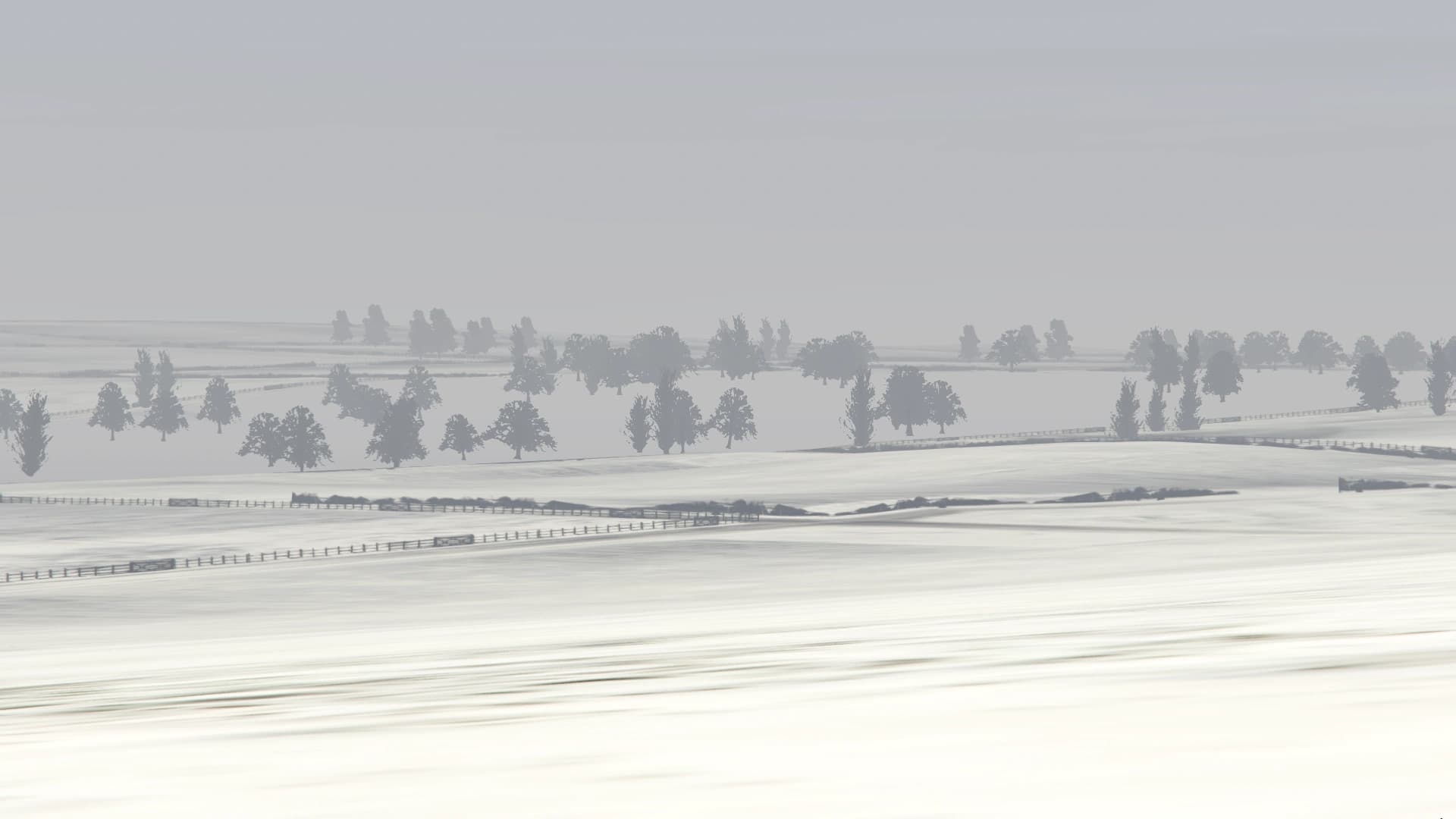 North Yankton's snow-covered plains, fence lines and bare trees running to a flat white horizon.