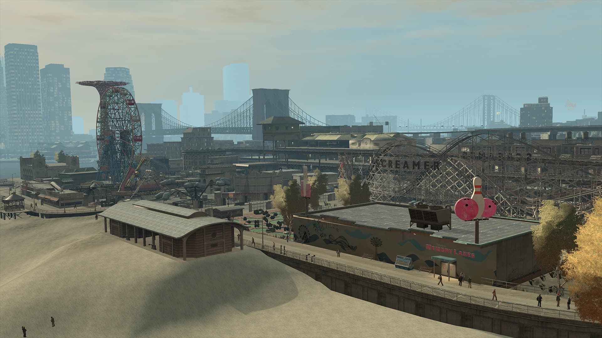 Broker’s Firefly Island boardwalk, its ferris wheel and wooden rollercoaster above the sand with the river bridges and Algonquin skyline behind.