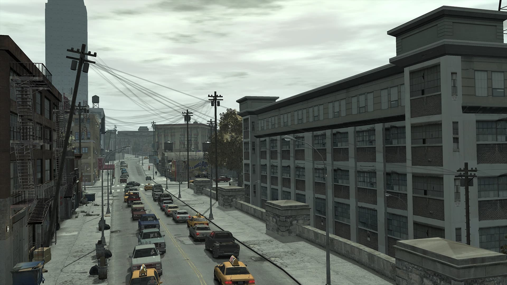 A street in East Island City, Dukes: low industrial blocks, parked cabs and overhead cables under a grey sky.