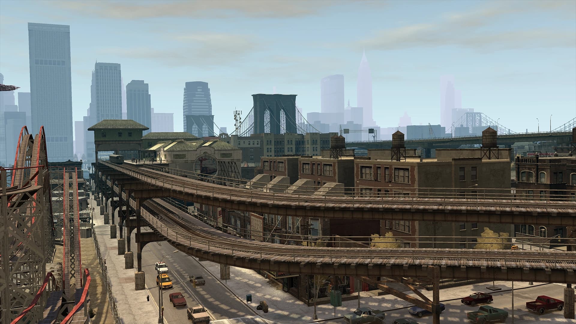 Hove Beach in Broker, an elevated railway curving above the street with brick blocks and water towers beneath it.