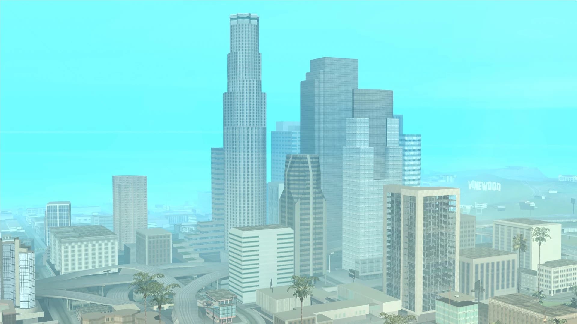 Downtown Los Santos in 1992, its towers rising behind the low blocks and palms of the streets below.