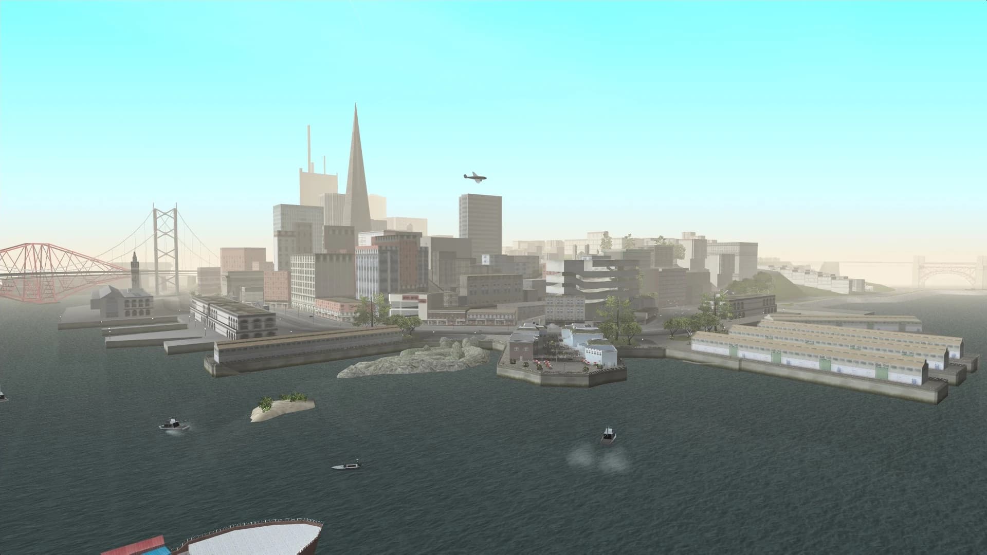 San Fierro's skyline across the bay, the red bridge running out toward the city.