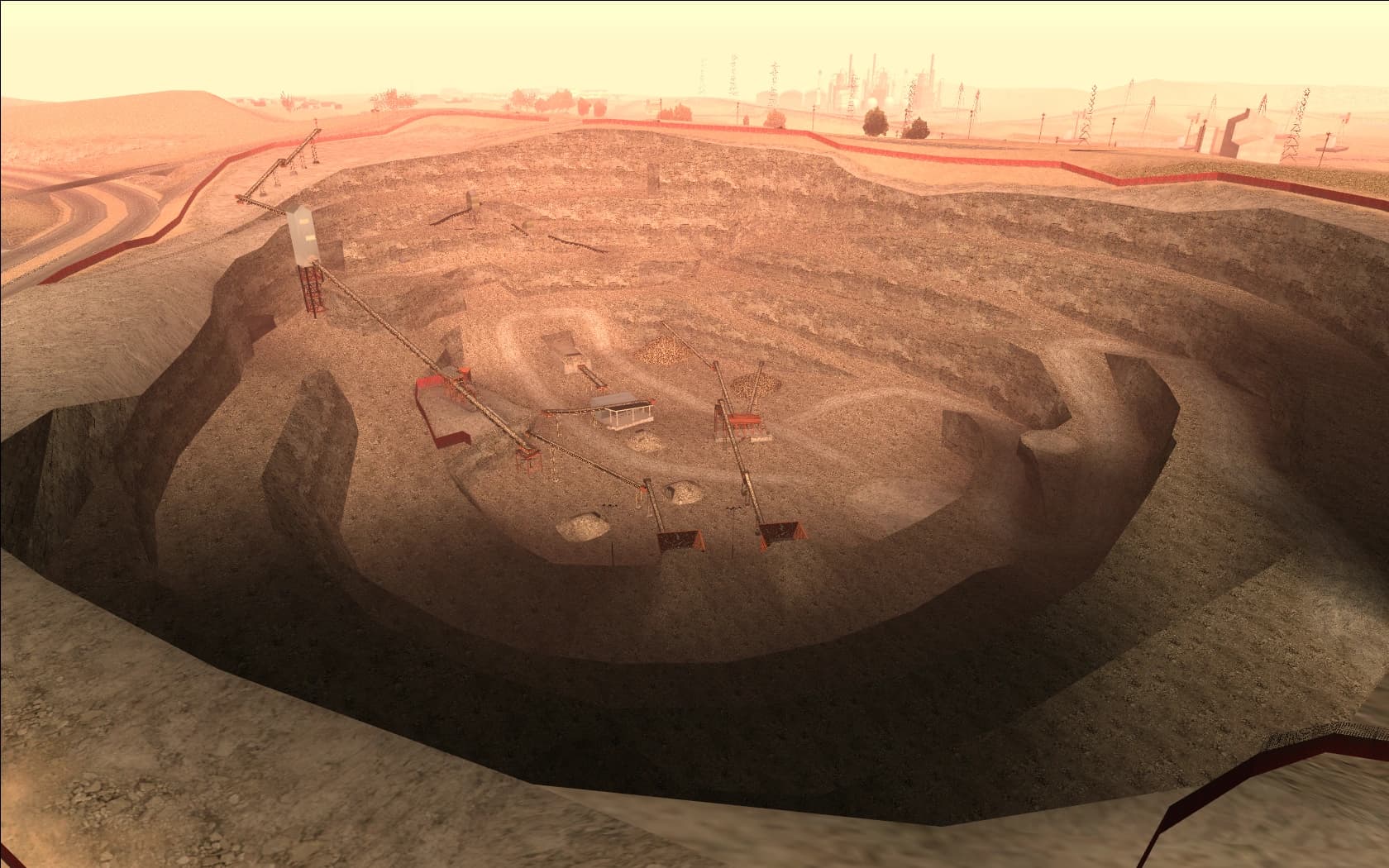 The Hunter Quarry cut into the Bone County desert, its terraces stepping down to the workings at the bottom and a refinery on the far horizon.