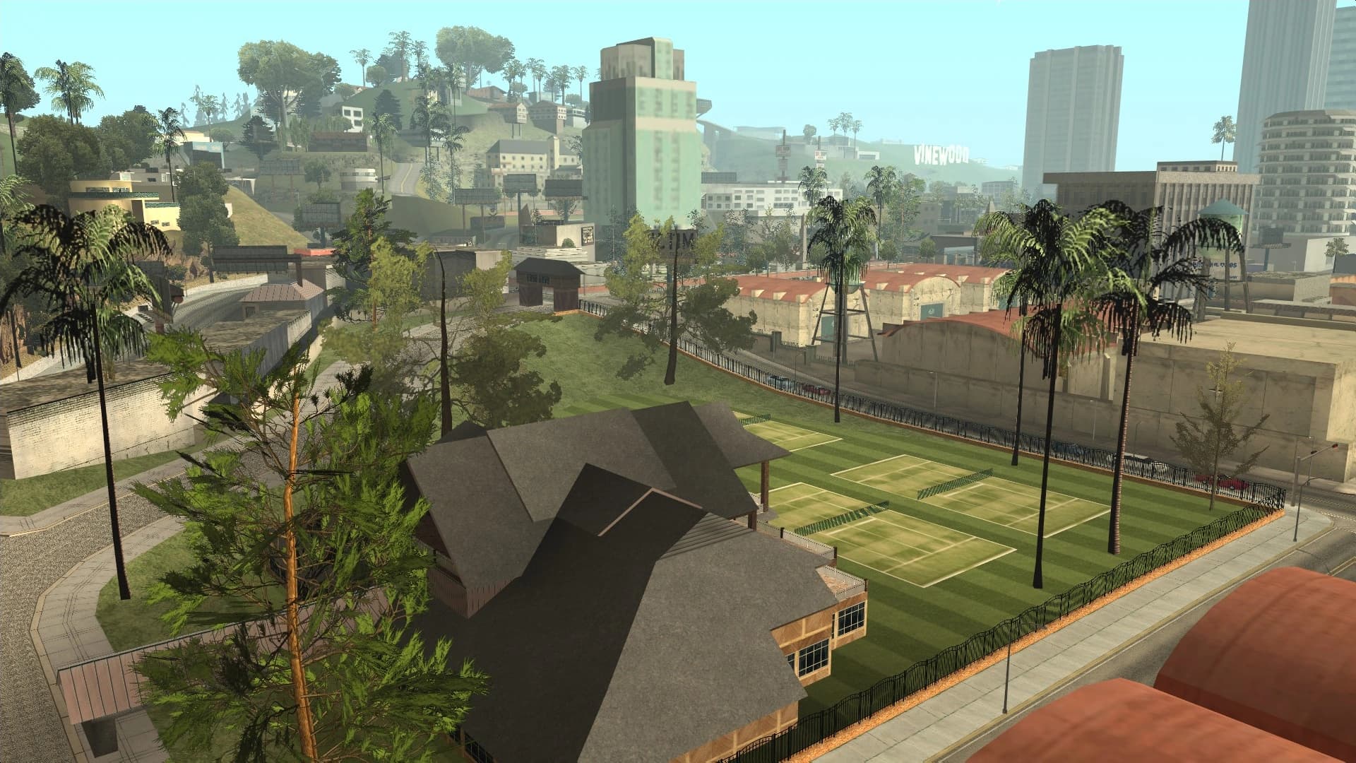 Vinewood in 1992, the hills rising behind the boulevard with the sign along the ridge.
