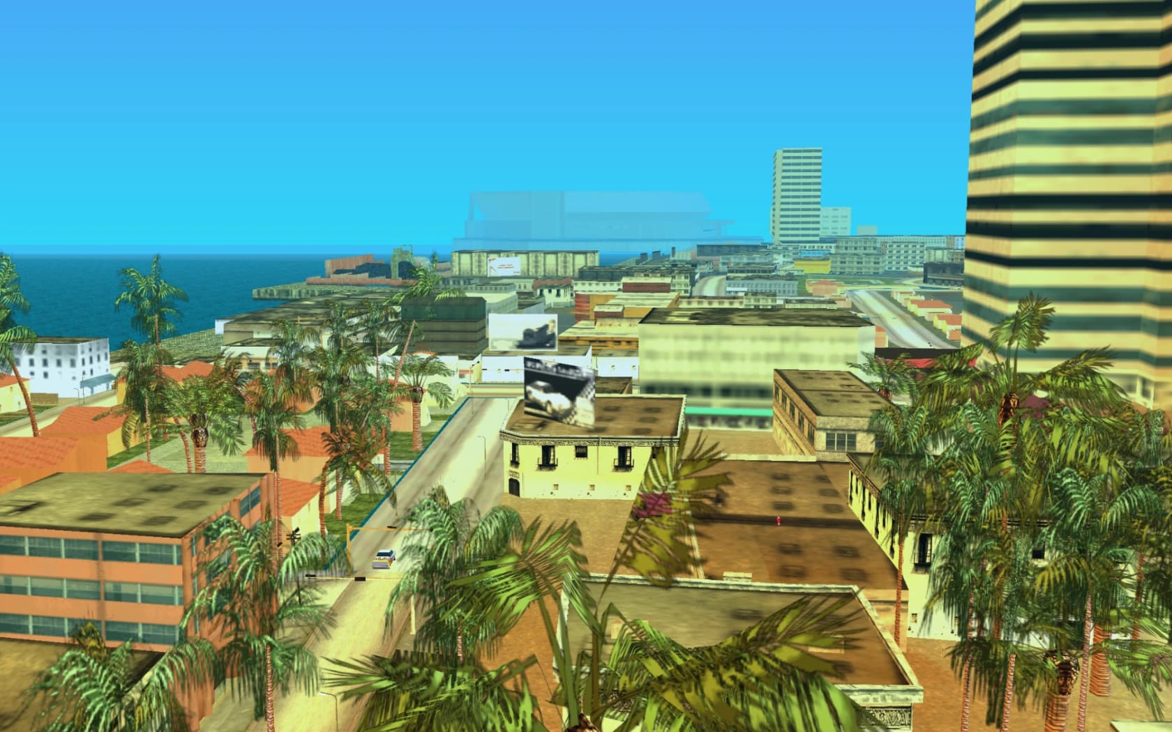 Little Havana from above, terracotta roofs and palm-lined streets running toward the coast.