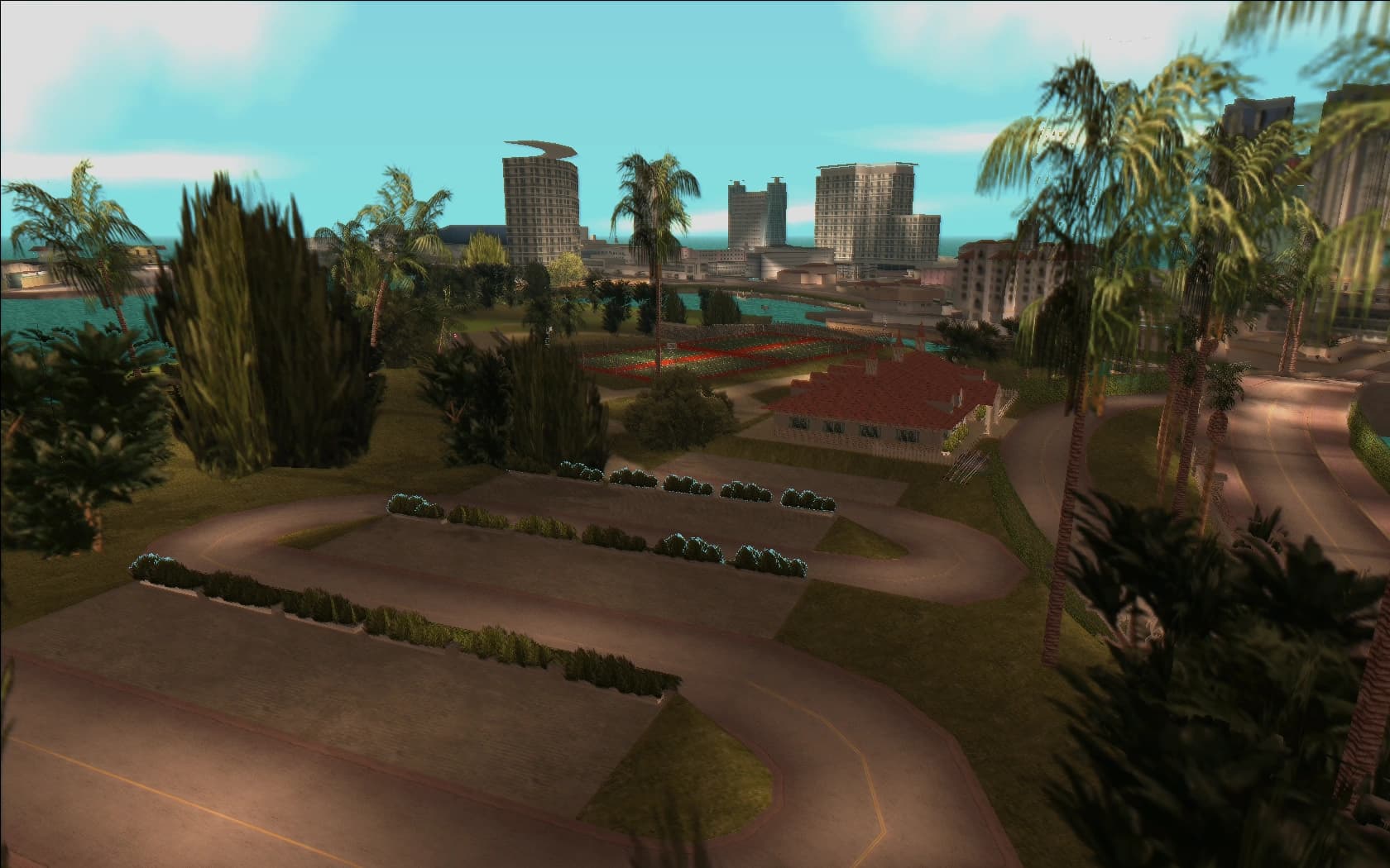 The Leaf Links golf course, fairways and tennis courts between palms with the Vice City skyline beyond.