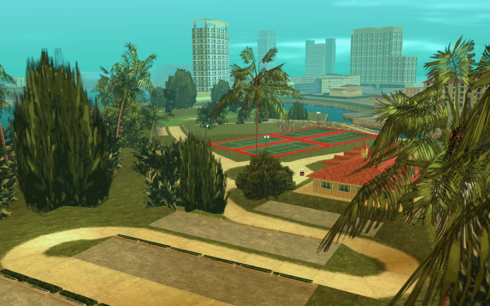 Leaf Links, its greens and paths laid out among palms with the city towers on the horizon.