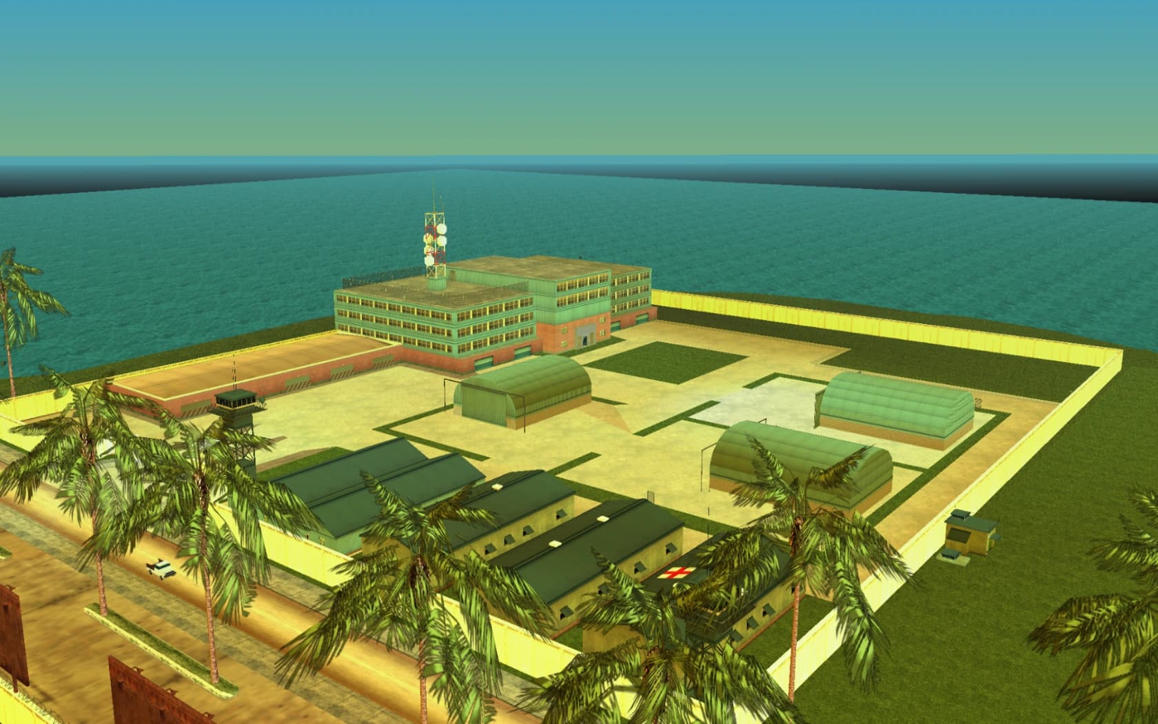 Fort Baxter Air Base beside the sea, its walled compound of barracks, hangars and a radio mast.