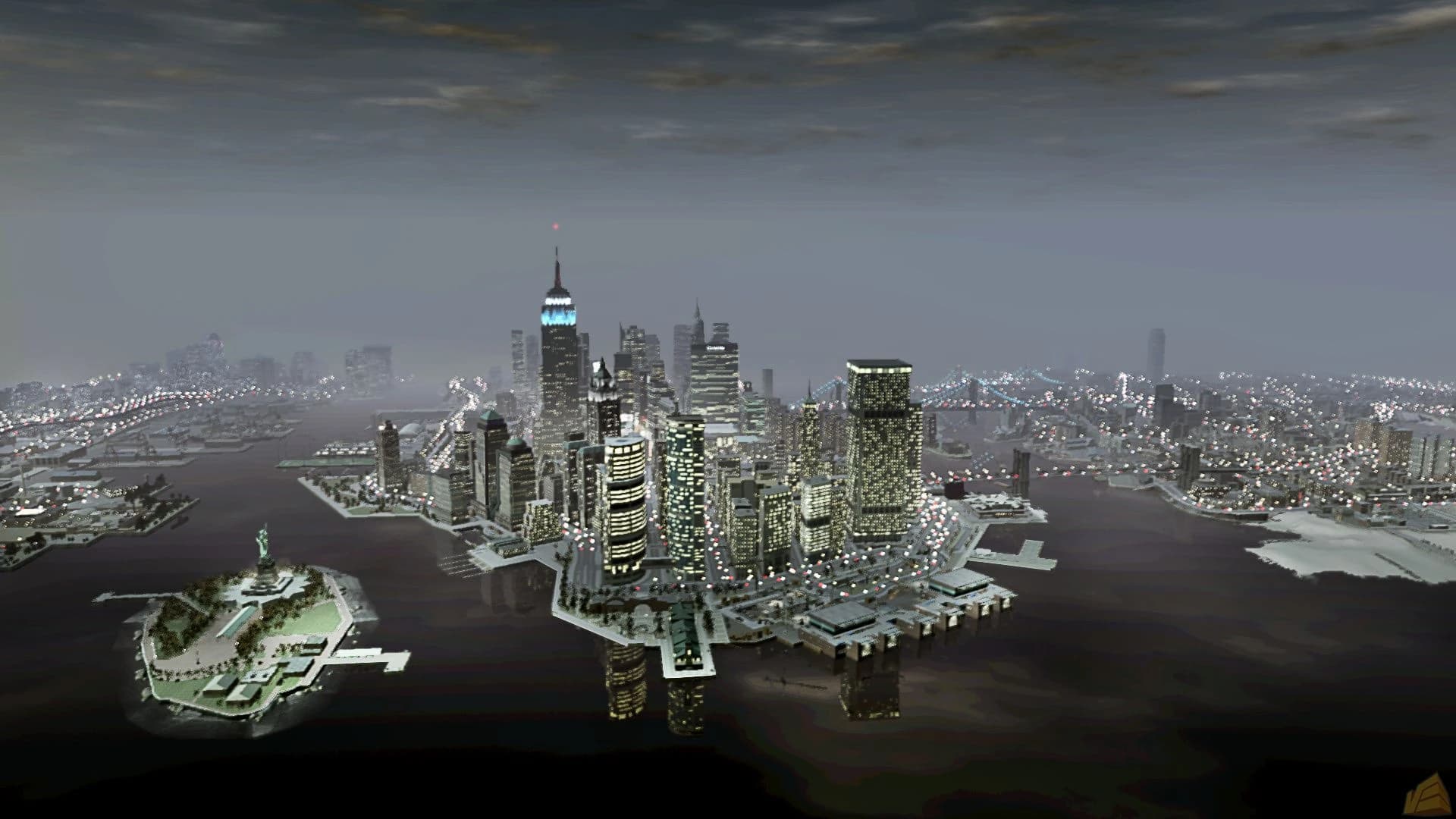 Liberty City at night from the air, Algonquin's lit towers packed along the water.
